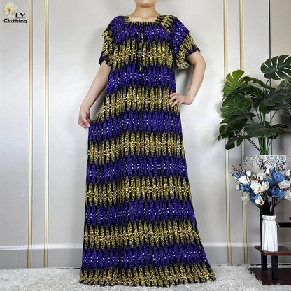 2024 New Muslim Dubai Fashion Women Cotton Dresse With Big Scarf For Women Maxi Summer Short Sleeve Loose African Abaya Clothing
