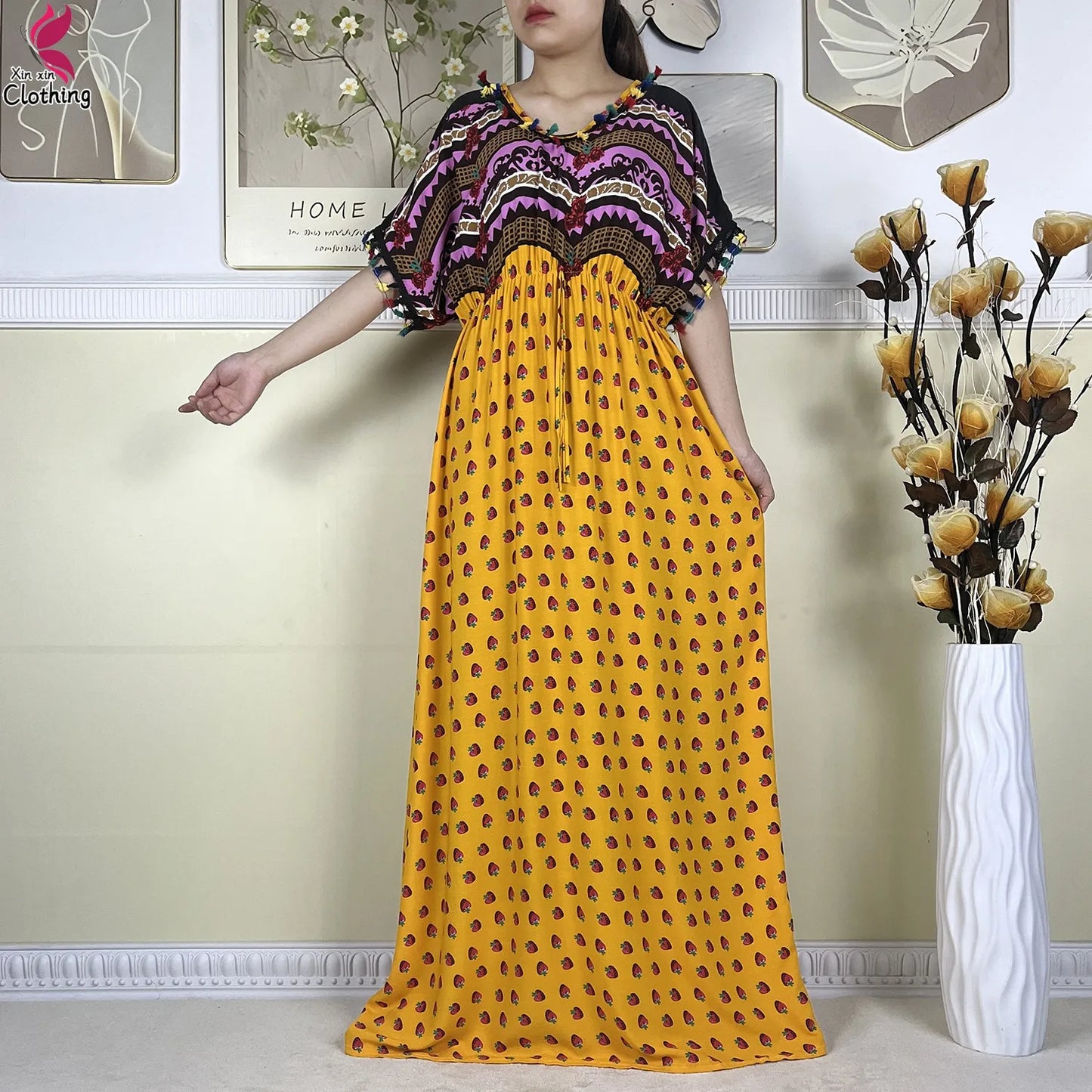 New African Women Dashiki Cotton Dress Fashion Printing Collect Waist Summer Short Sleeve Islam Boubou Maxi Woman Abaya Clothing