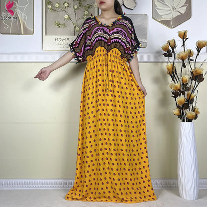 New African Women Dashiki Cotton Dress Fashion Printing Collect Waist Summer Short Sleeve Islam Boubou Maxi Woman Abaya Clothing