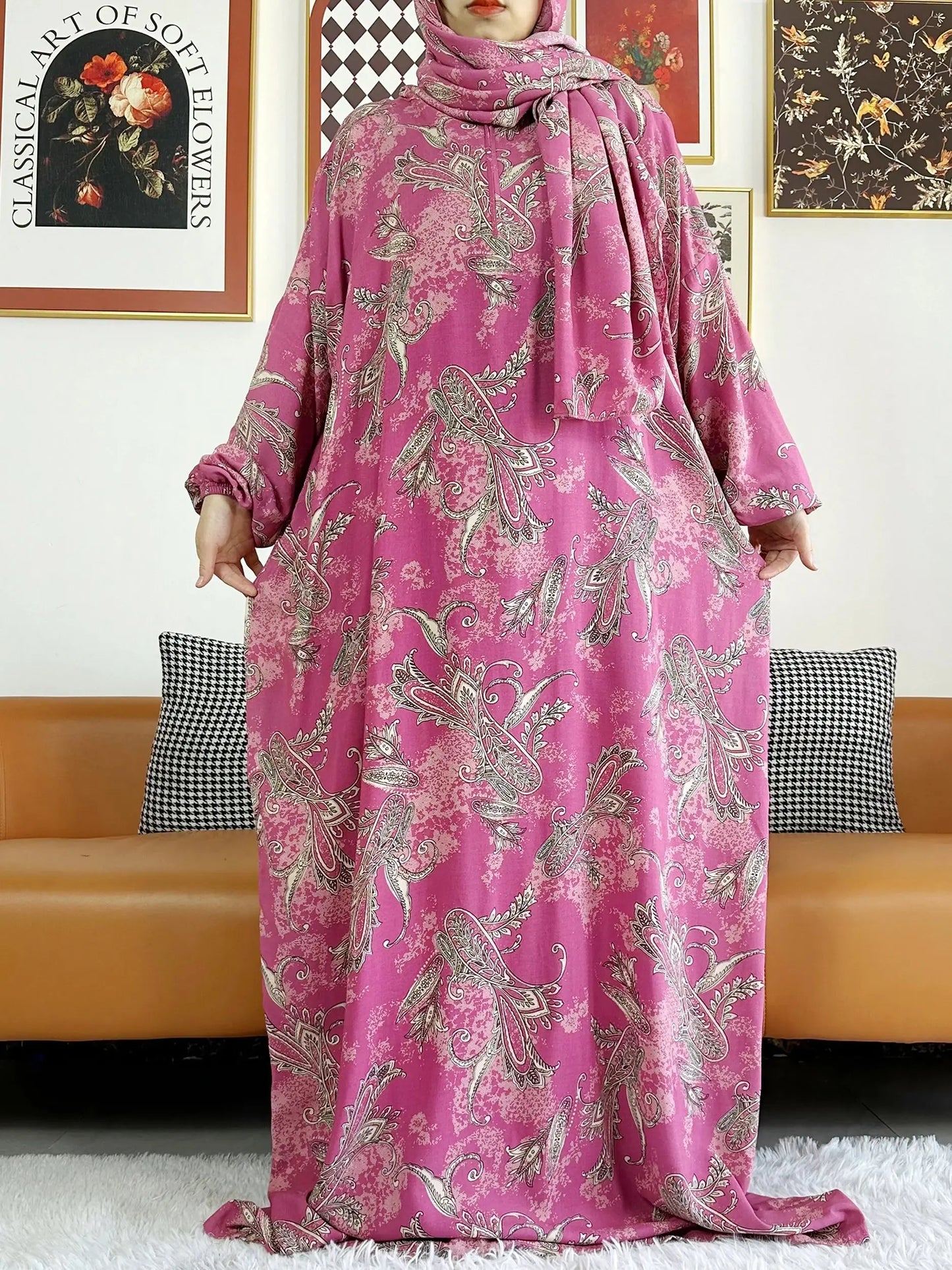 2025 Muslim Rayon Abayas For Women Ramadan Prayer Dubai Turkey Middle East Femme Robe Floral Loose African Dress Turban Joint