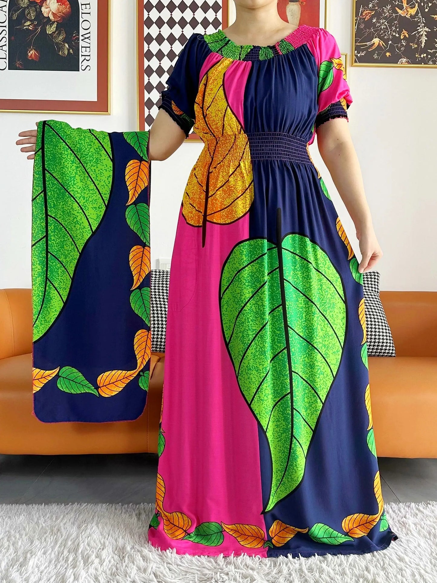 2023 New African Dashiki Cotton Floral Dress Printed Short Sleeve Collect Waist Straight Loose African Women Dress with Scarf