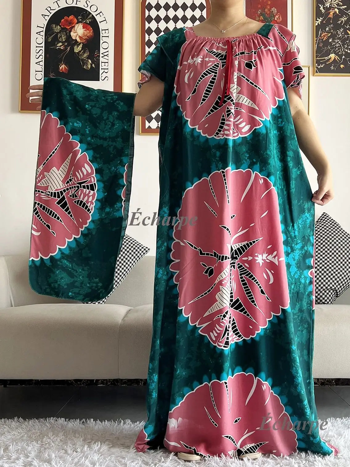 2023 African Dashiki Dress Kaftan Abaya Cotton Boat-neck Floral Dress Printed Short Sleeve Loose Women Casual Dress with Scarf