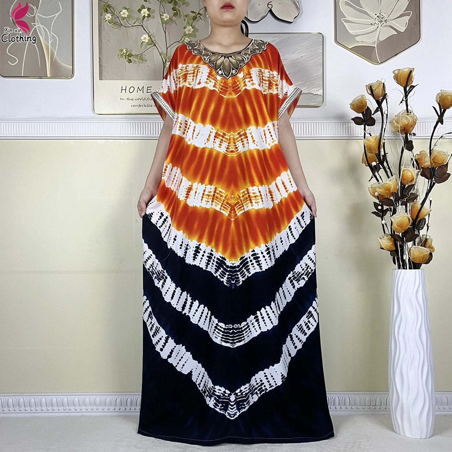 2024Latest African Abaya Women Dashiki Summer Short Sleeve Dubai Fashion Printed Cotton Robe Muslim Femme Loose Dress With Scarf