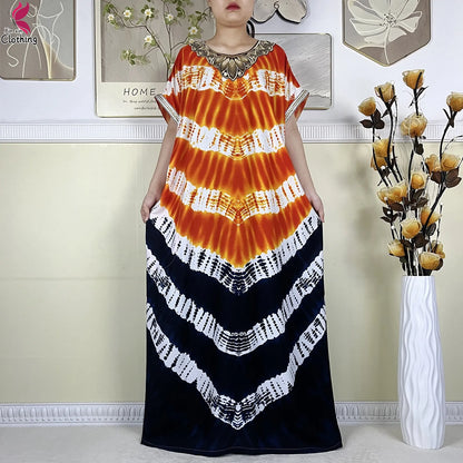 2024Latest African Abaya Women Dashiki Summer Short Sleeve Dubai Fashion Printed Cotton Robe Muslim Femme Loose Dress With Scarf