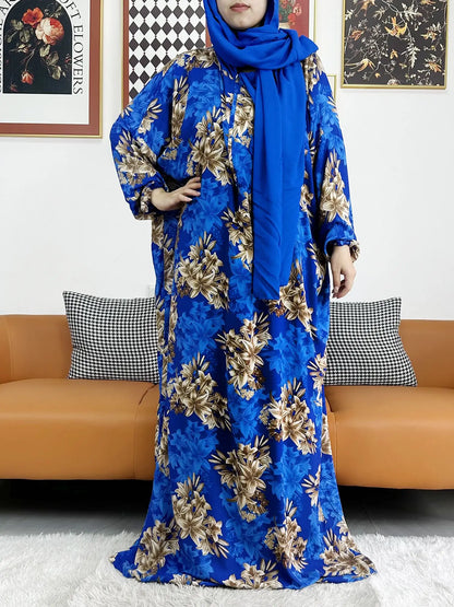 2025 Muslim Rayon Abayas For Women Ramadan Prayer Dubai Turkey Middle East Femme Robe Floral Loose African Dress Turban Joint