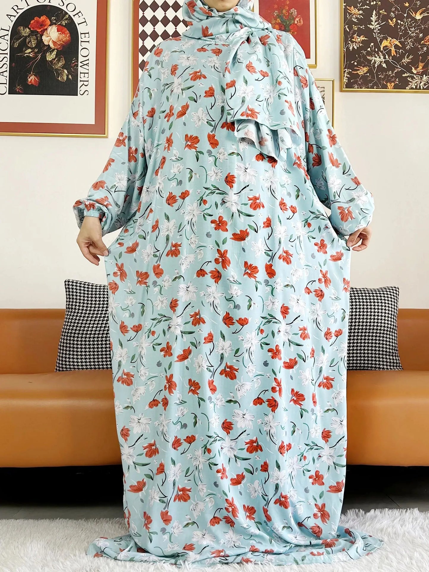 2025 Muslim Rayon Abayas For Women Ramadan Prayer Dubai Turkey Middle East Femme Robe Floral Loose African Dress Turban Joint