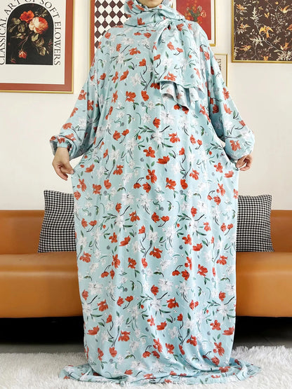 2025 Muslim Rayon Abayas For Women Ramadan Prayer Dubai Turkey Middle East Femme Robe Floral Loose African Dress Turban Joint