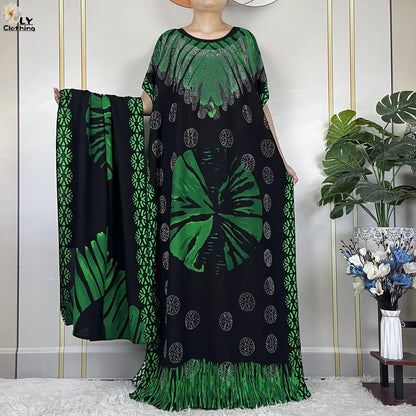 2024New Muslim Abaya Cotton Dress Women Loose African Dashiki Maxi Printing Diamonds Femme Robe Dubai Islam Dress With Big Scarf