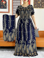 2023 New African Dashiki Cotton Floral Dress Printed Short Sleeve Collect Waist Straight Loose African Women Dress with Scarf