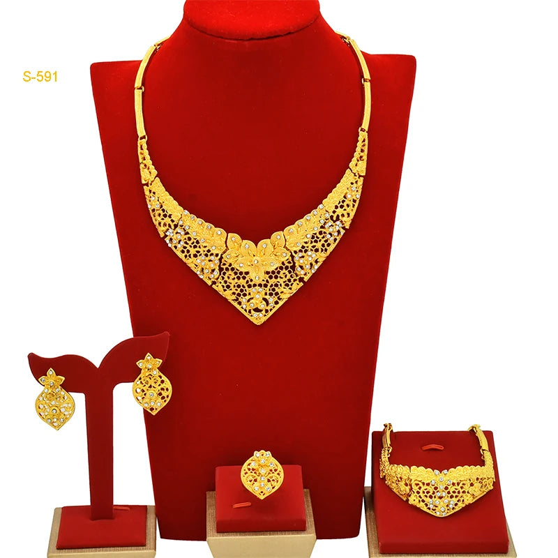 Dubai Luxurious Gold Color Jewelry Set Leaf Necklaces For Women Bride Earrings Rings Indian Nigerian Wedding Jewelery Set Gifts
