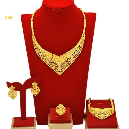 Dubai Luxurious Gold Color Jewelry Set Leaf Necklaces For Women Bride Earrings Rings Indian Nigerian Wedding Jewelery Set Gifts