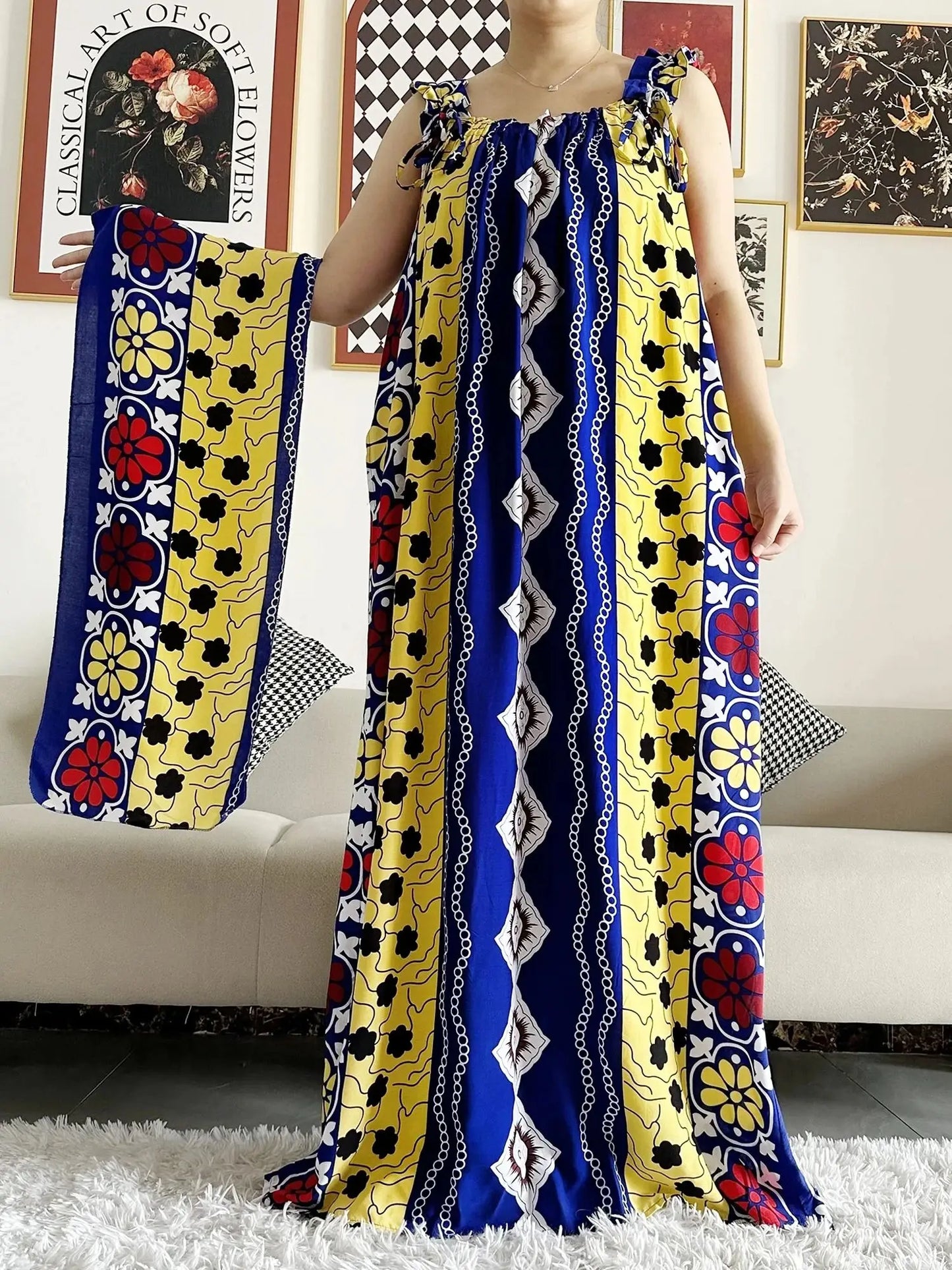 New Arrivals Women's Cotton Summer Sleeveless Dress With Scarfs Under Dress African Dashiki Maxi Lady Robe Loose Kaftan Vestidos