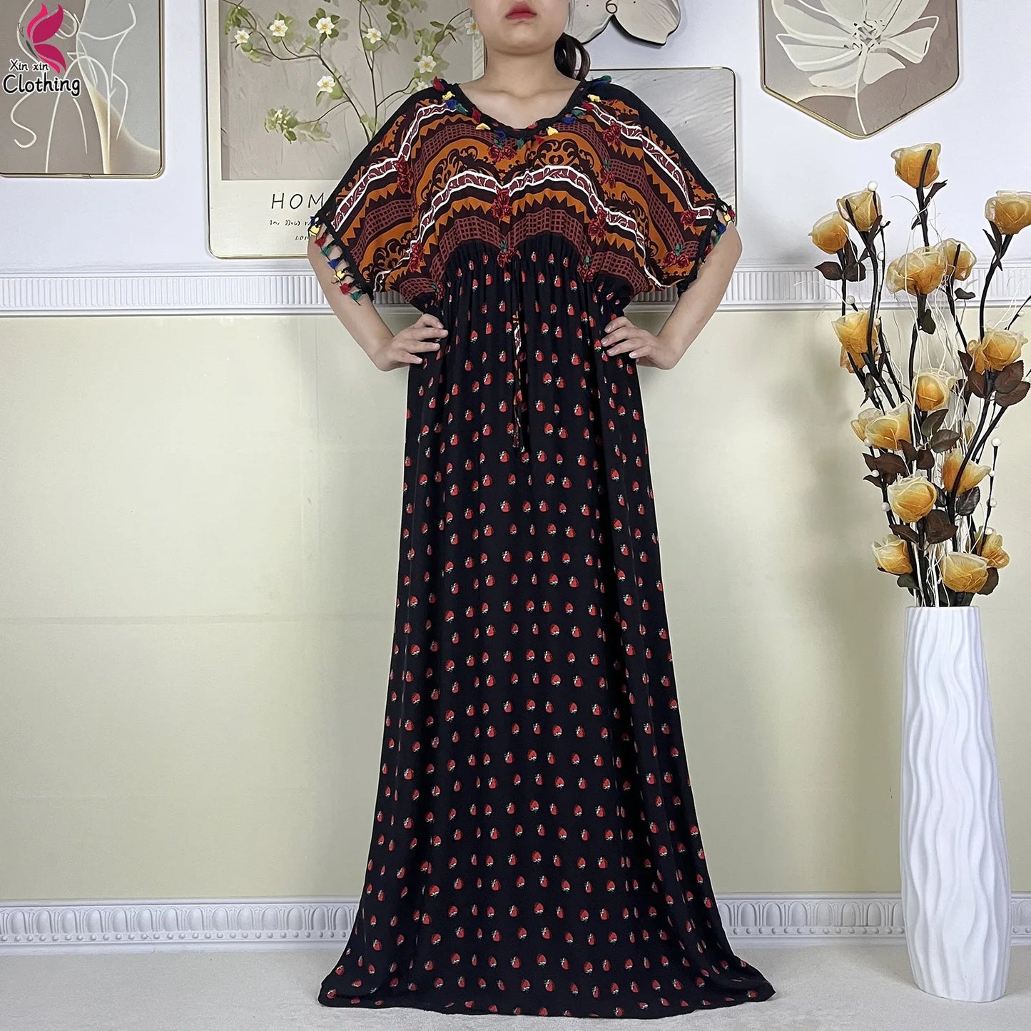 New African Women Dashiki Cotton Dress Fashion Printing Collect Waist Summer Short Sleeve Islam Boubou Maxi Woman Abaya Clothing