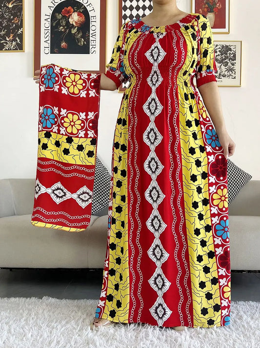 2023 New African Dashiki Cotton Floral Dress Printed Short Sleeve Collect Waist Straight Loose African Women Dress with Scarf