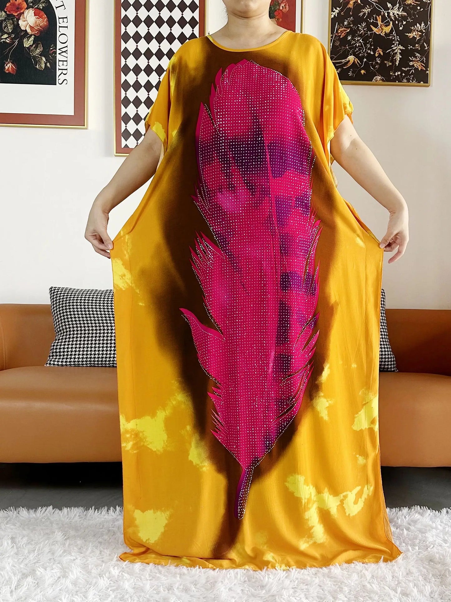 2025  African Women Party Dress Big Scarf Tassels Cotton Printed Loose Floral Boubou Maxi Islam Women Short Sleeve Abaya