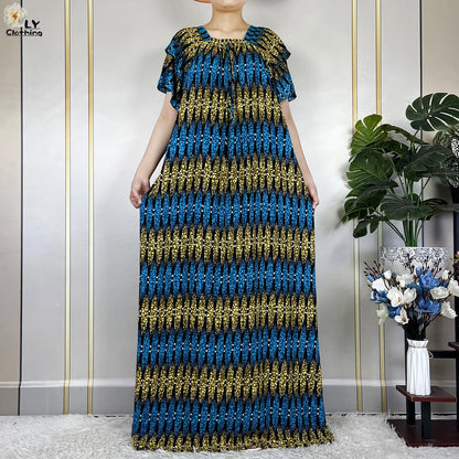 2024 New Muslim Dubai Fashion Women Cotton Dresse With Big Scarf For Women Maxi Summer Short Sleeve Loose African Abaya Clothing