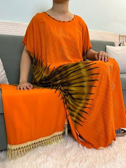 Abayas For Women 2024 Muslim Sets Diamonds Cotton Boubou Caftan Marocaine Nigeria Loose Femme Robe With 165x80cm Tassel Scarf