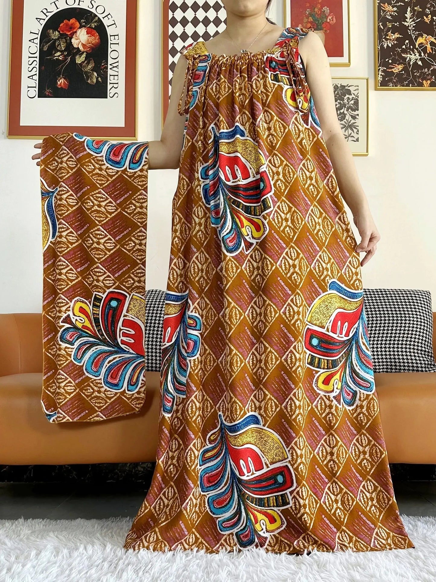 New Arrivals Women's Cotton Summer Sleeveless Dress With Scarfs Under Dress African Dashiki Maxi Lady Robe Loose Kaftan Vestidos
