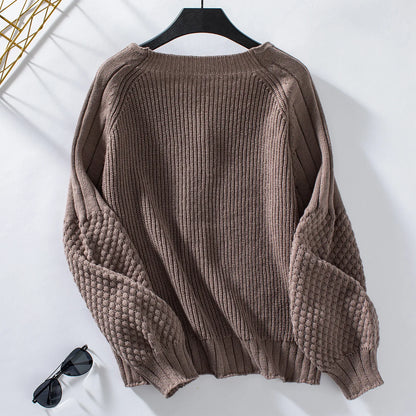 Solid Color Button Knit Cardigan Loose Lantern Sleeve Sweater Women