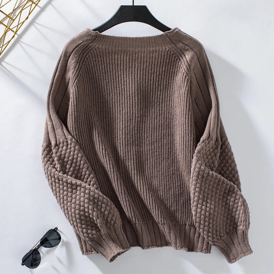 Solid Color Button Knit Cardigan Loose Lantern Sleeve Sweater Women