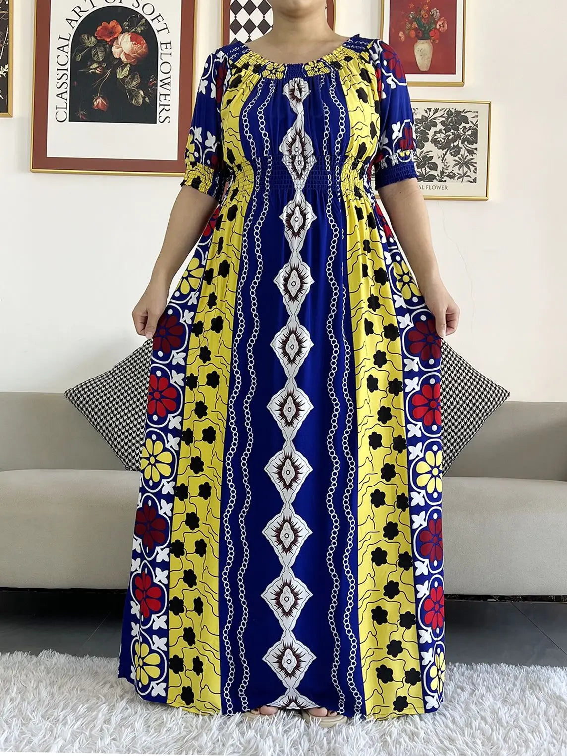 2023 New African Dashiki Cotton Floral Dress Printed Short Sleeve Collect Waist Straight Loose African Women Dress with Scarf