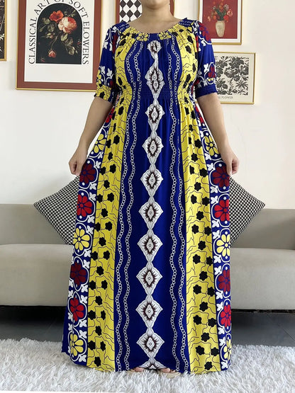 2023 New African Dashiki Cotton Floral Dress Printed Short Sleeve Collect Waist Straight Loose African Women Dress with Scarf