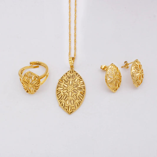 France jewelery set gold plated necklace earrings for Women Pendant ring set Nigerian bridal luxury wedding party Ornament Gifts
