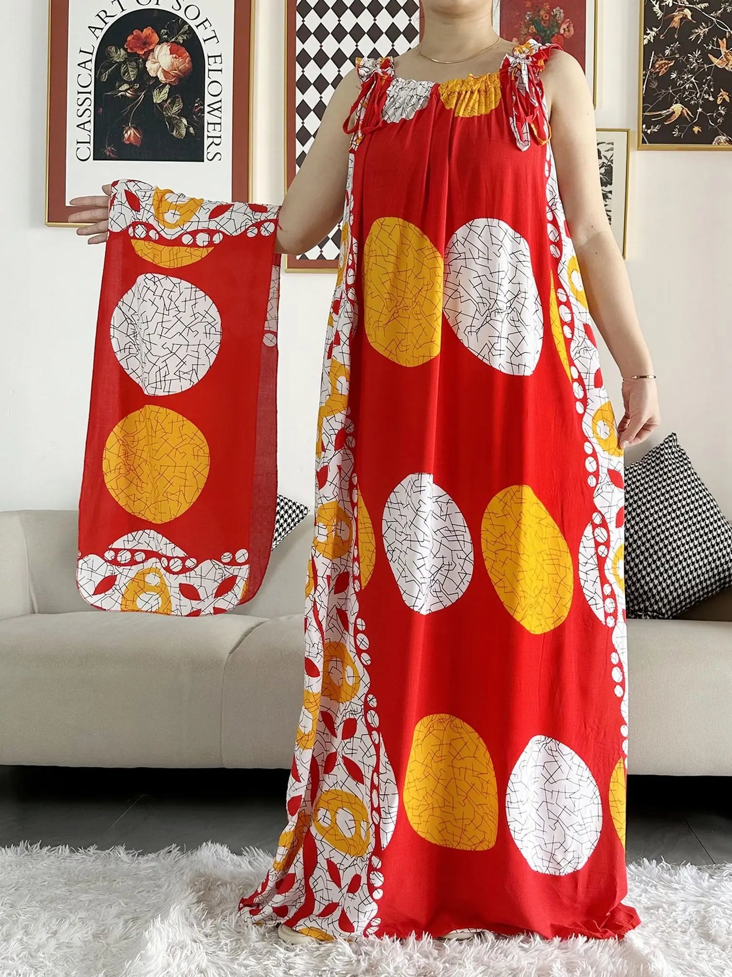 New Arrivals Women's Cotton Summer Sleeveless Dress With Scarfs Under Dress African Dashiki Maxi Lady Robe Loose Kaftan Vestidos