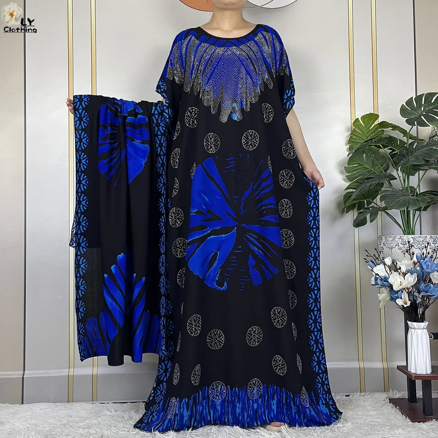 2024New Muslim Abaya Cotton Dress Women Loose African Dashiki Maxi Printing Diamonds Femme Robe Dubai Islam Dress With Big Scarf