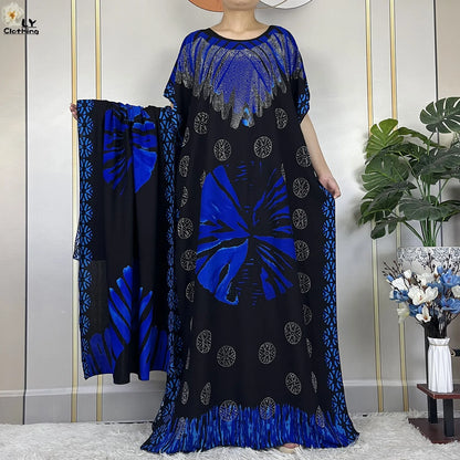 2024New Muslim Abaya Cotton Dress Women Loose African Dashiki Maxi Printing Diamonds Femme Robe Dubai Islam Dress With Big Scarf