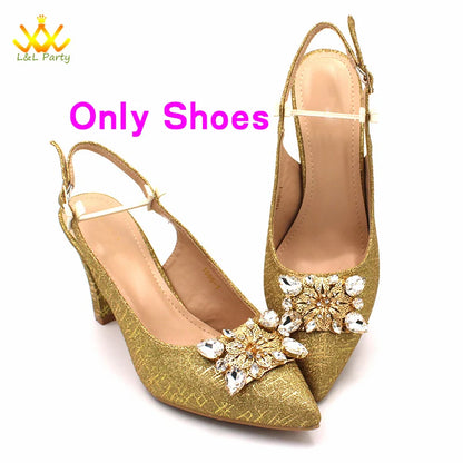 2024 New Arrivals Italian Ladies Shoes and bag Set High Quality Orange Color Pumps with Shinning Crystal for Wedding Party