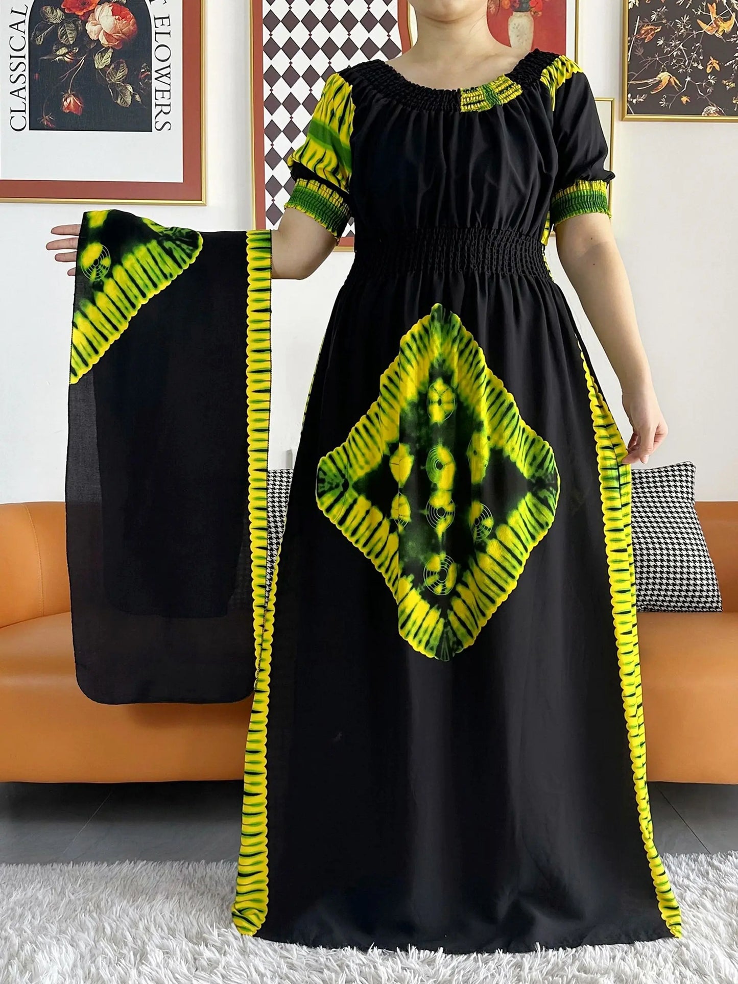 2023 New African Dashiki Cotton Floral Dress Printed Short Sleeve Collect Waist Straight Loose African Women Dress with Scarf