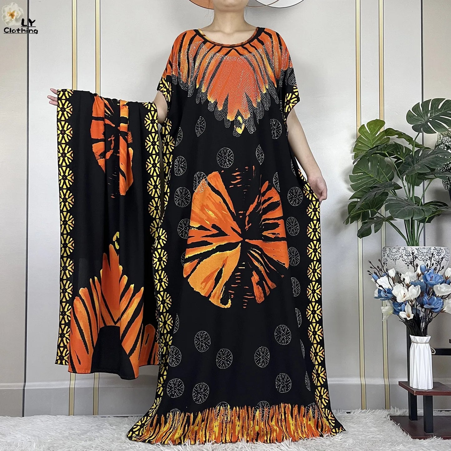 2024New Muslim Abaya Cotton Dress Women Loose African Dashiki Maxi Printing Diamonds Femme Robe Dubai Islam Dress With Big Scarf