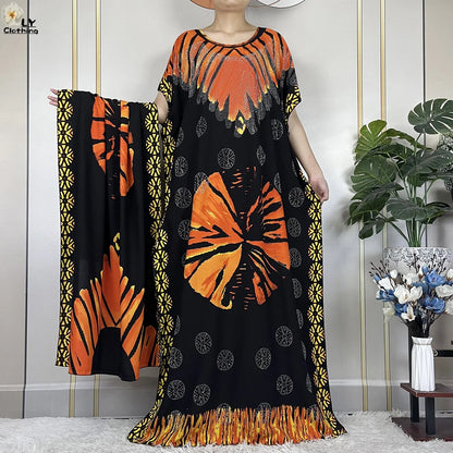 2024New Muslim Abaya Cotton Dress Women Loose African Dashiki Maxi Printing Diamonds Femme Robe Dubai Islam Dress With Big Scarf