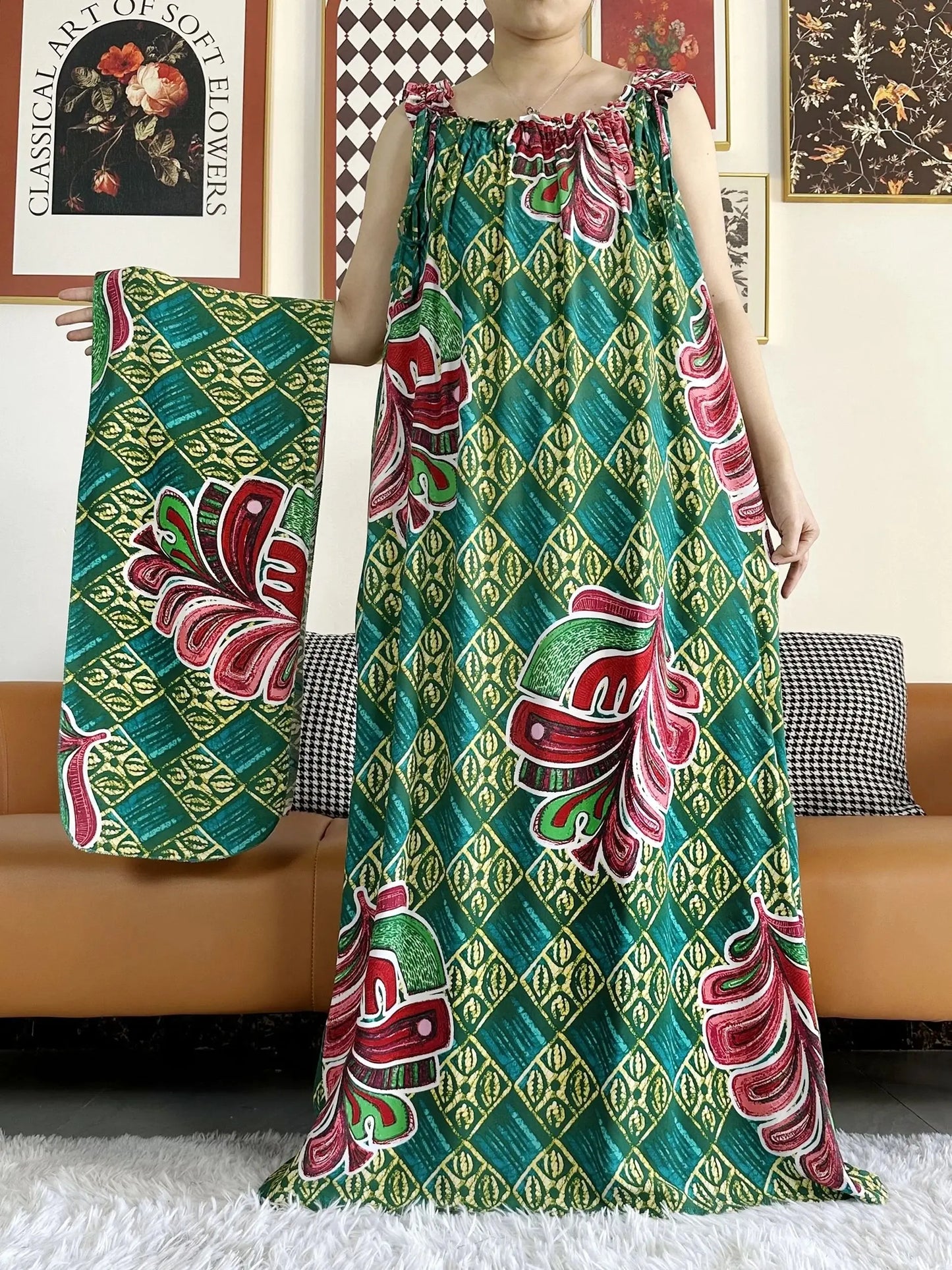 New Arrivals Women's Cotton Summer Sleeveless Dress With Scarfs Under Dress African Dashiki Maxi Lady Robe Loose Kaftan Vestidos