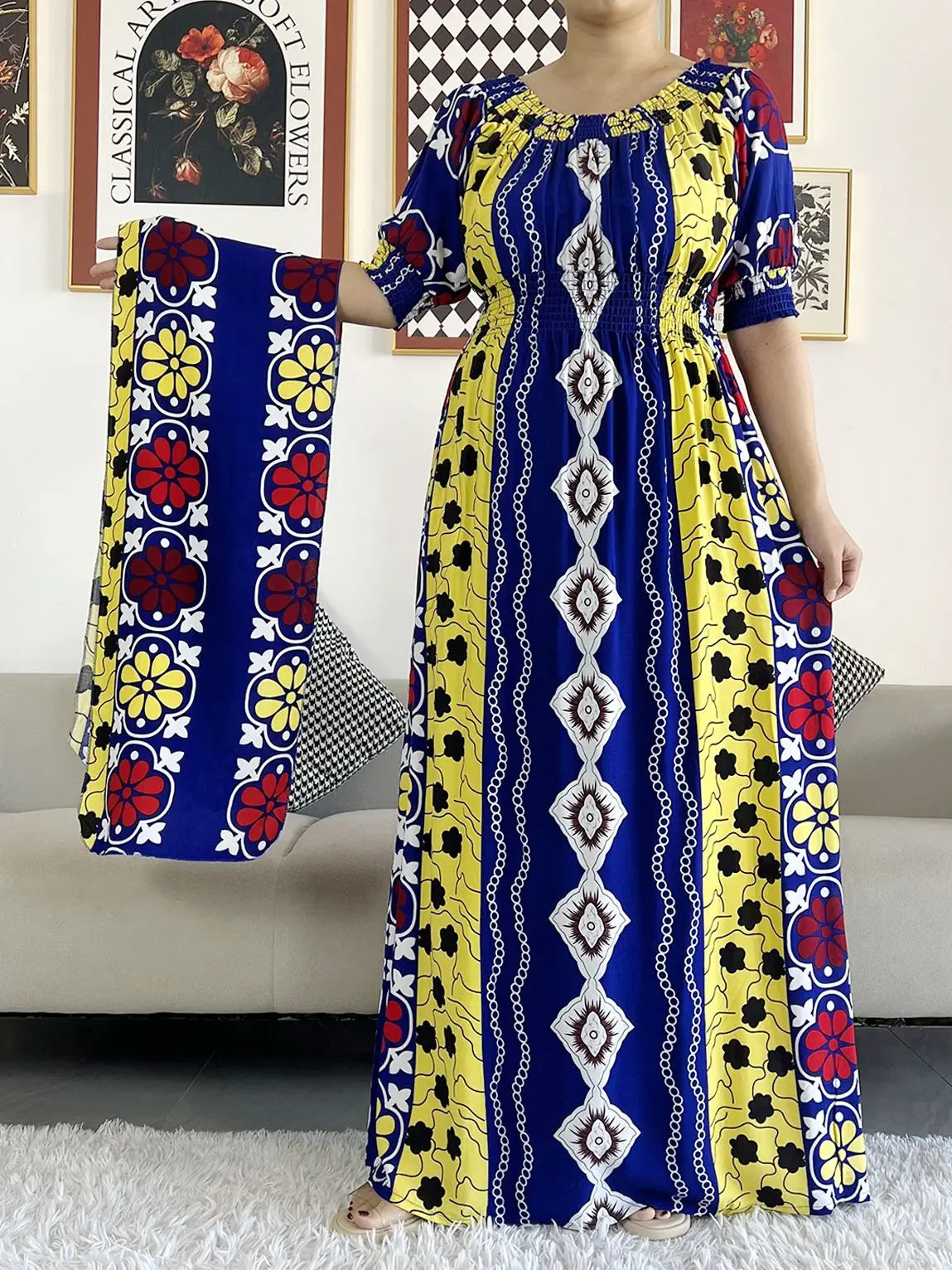2023 New African Dashiki Cotton Floral Dress Printed Short Sleeve Collect Waist Straight Loose African Women Dress with Scarf