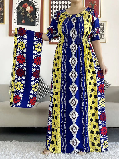 2023 New African Dashiki Cotton Floral Dress Printed Short Sleeve Collect Waist Straight Loose African Women Dress with Scarf