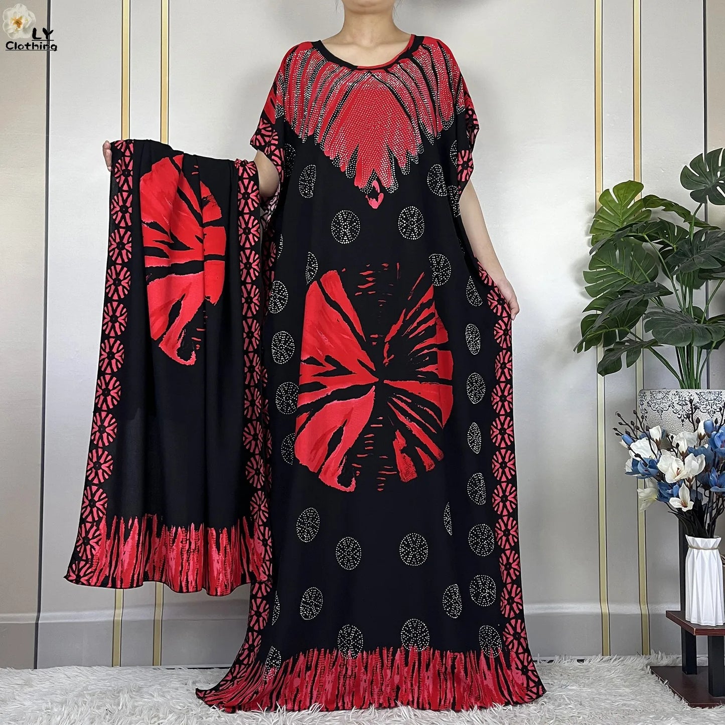 2024New Muslim Abaya Cotton Dress Women Loose African Dashiki Maxi Printing Diamonds Femme Robe Dubai Islam Dress With Big Scarf