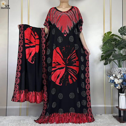 2024New Muslim Abaya Cotton Dress Women Loose African Dashiki Maxi Printing Diamonds Femme Robe Dubai Islam Dress With Big Scarf