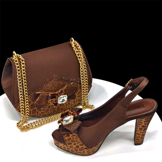 Venus Chan Shoes for Women High Heels INS Style Rhinestone Peep Toe Bow Gold Color New Italian Shoes and Bag for Party 2024