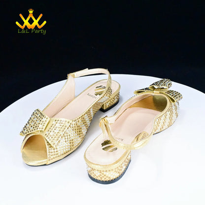 Low Heels Fashion 2024 Spring Summer New Design Nigerian Women Shoes and Bag Set in Gold Color Italian Women Design For Wedding