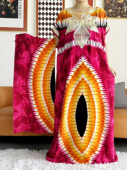 2023 African Dashiki Dress Kaftan Abaya Cotton Boat-neck Floral Dress Printed Short Sleeve Loose Women Casual Dress with Scarf