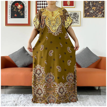 2 Pieces African Dashiki Floral Printing Loose Cotton Caftan Lady Summer Maxi Casual Dresses With Scarf  Vestidos Short Sleeve