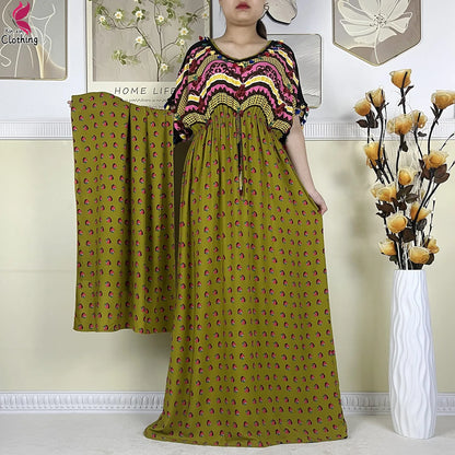 New African Women Dashiki Cotton Dress Fashion Printing Collect Waist Summer Short Sleeve Islam Boubou Maxi Woman Abaya Clothing