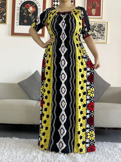 2023 New African Dashiki Cotton Floral Dress Printed Short Sleeve Collect Waist Straight Loose African Women Dress with Scarf