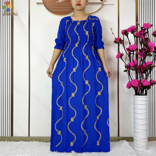 Muslim Fashion Women Party Clothing Cotton Half Sleeve Elastic Waist Dress Boubou Maxi African Abaya Dress Islamic Women Dress