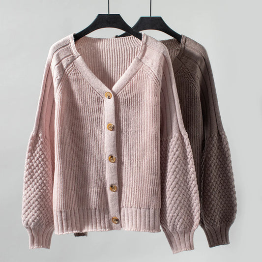 Solid Color Button Knit Cardigan Loose Lantern Sleeve Sweater Women
