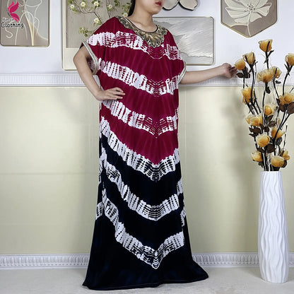 2024Latest African Abaya Women Dashiki Summer Short Sleeve Dubai Fashion Printed Cotton Robe Muslim Femme Loose Dress With Scarf