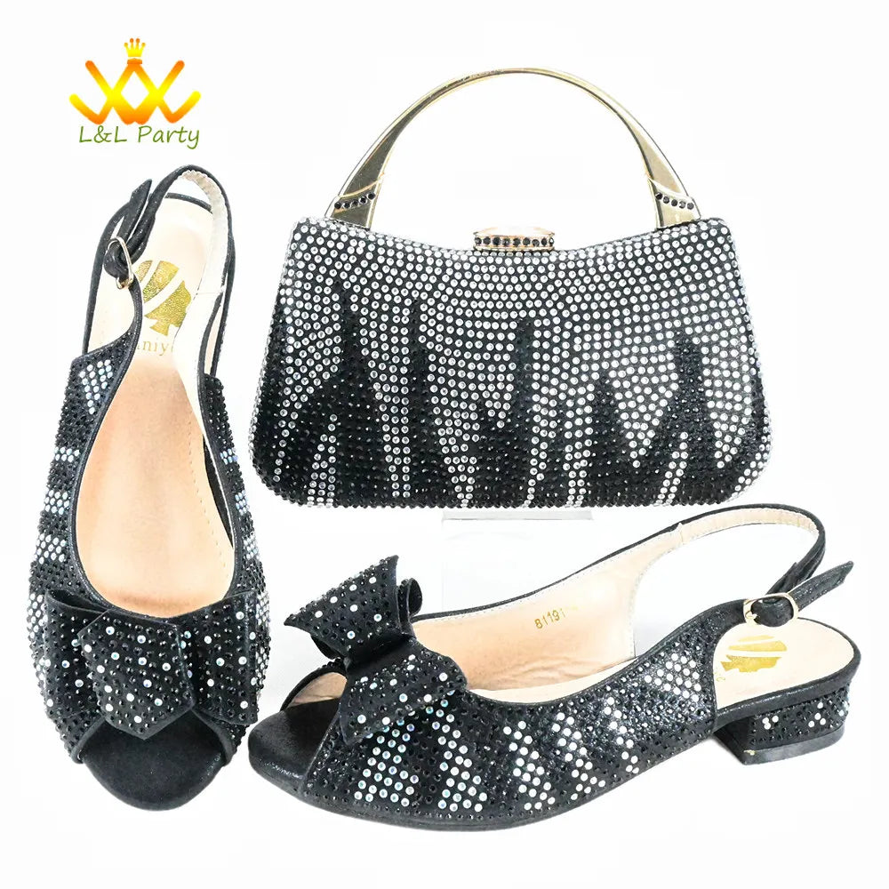 Low Heels Fashion 2024 Spring Summer New Design Nigerian Women Shoes and Bag Set in Gold Color Italian Women Design For Wedding