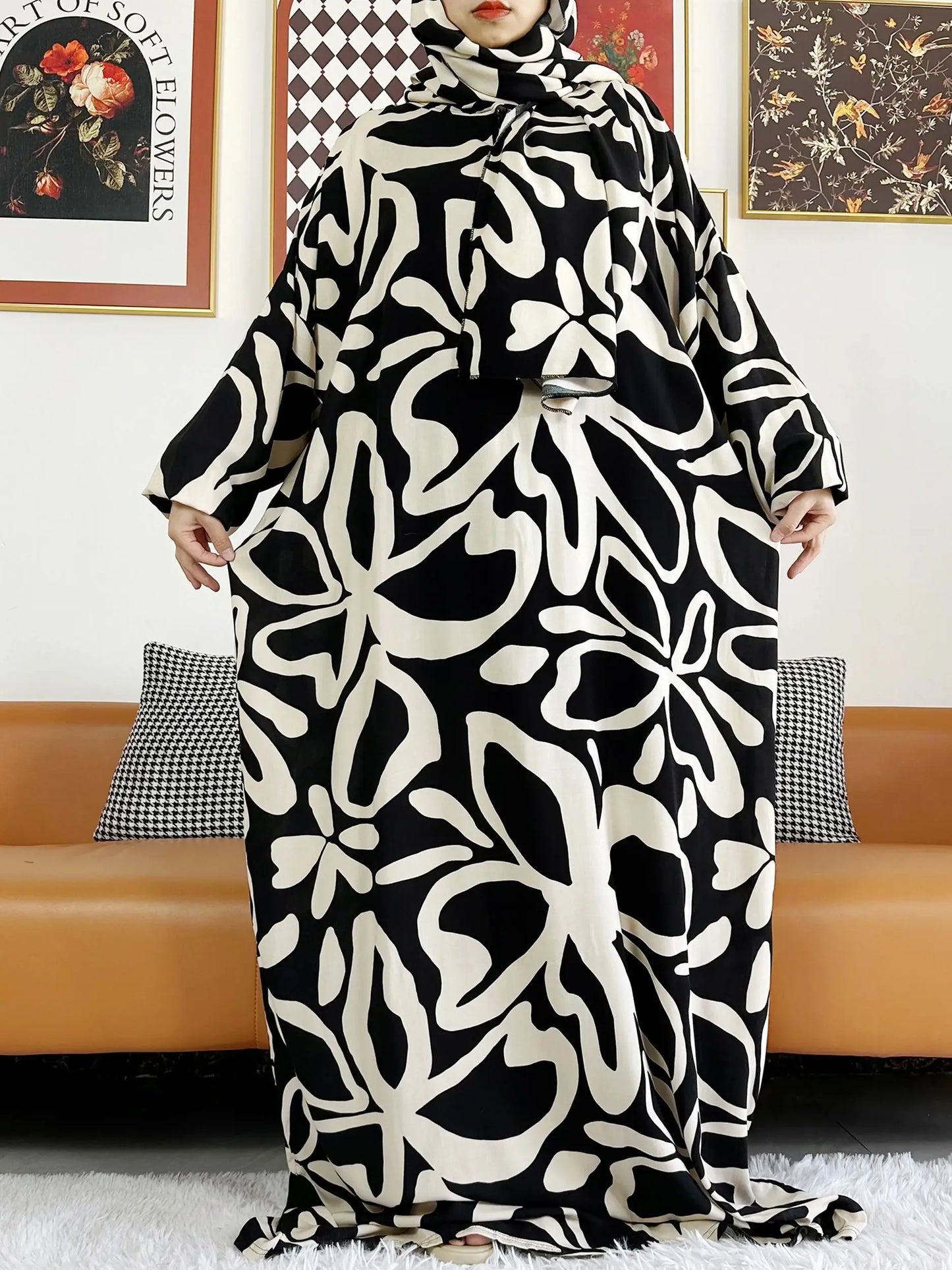 2025 Muslim Rayon Abayas For Women Ramadan Prayer Dubai Turkey Middle East Femme Robe Floral Loose African Dress Turban Joint